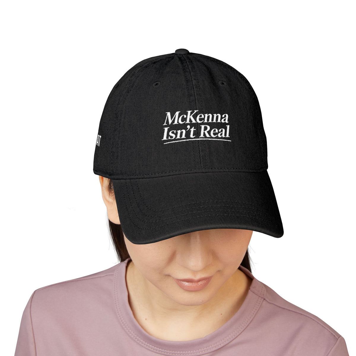 Embroidered Denim Hat — "McKenna Isn't Real" Vintage Adjustable Cap